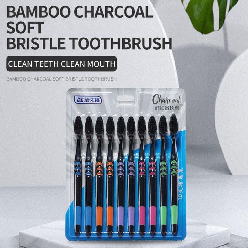 10pcs Toothbrush Soft Bristle Adult Bamboo Charcoal Household Fine Wool Antibacterial Men and Women Family Dental Oral Care - ItemBear.com