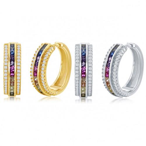 18K Gold Plated Rainbow Pav’e Hoop Earrings - 2 Styles ITALY Design - ItemBear.com