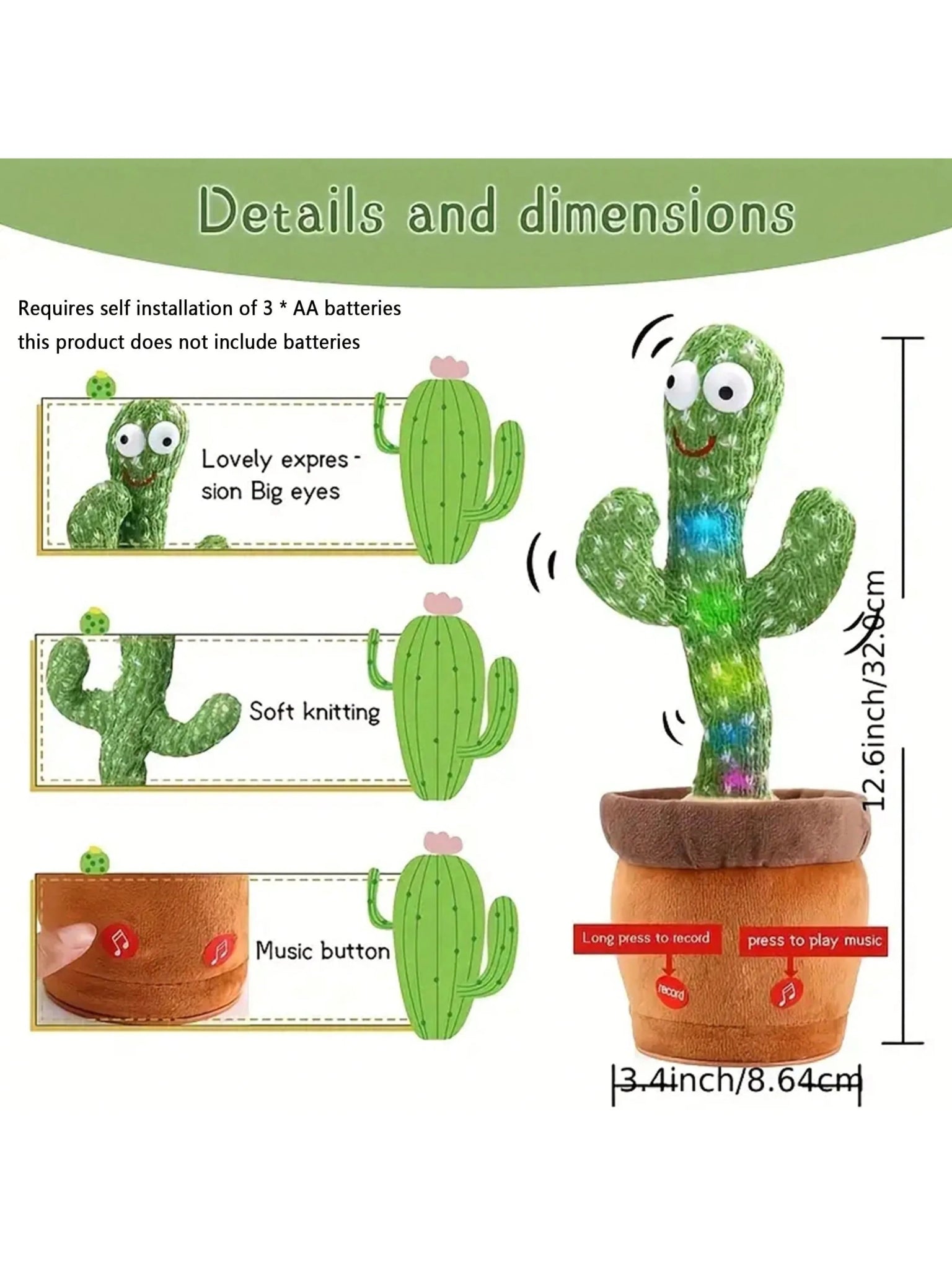 1pc-Dancing Talking Cactus Toys For Baby Boys And Girls, Singing Mimicking Recording Repeating What You Say Sunny Cactus Up Plus - ItemBear.com