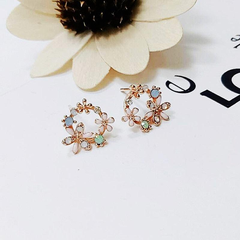 2020 New Arrival Classic Round Pink Green Crystal Stud Earrings Sweet Flower Cirlce Jewelry Fashion Brincos Gift for women - ItemBear.com