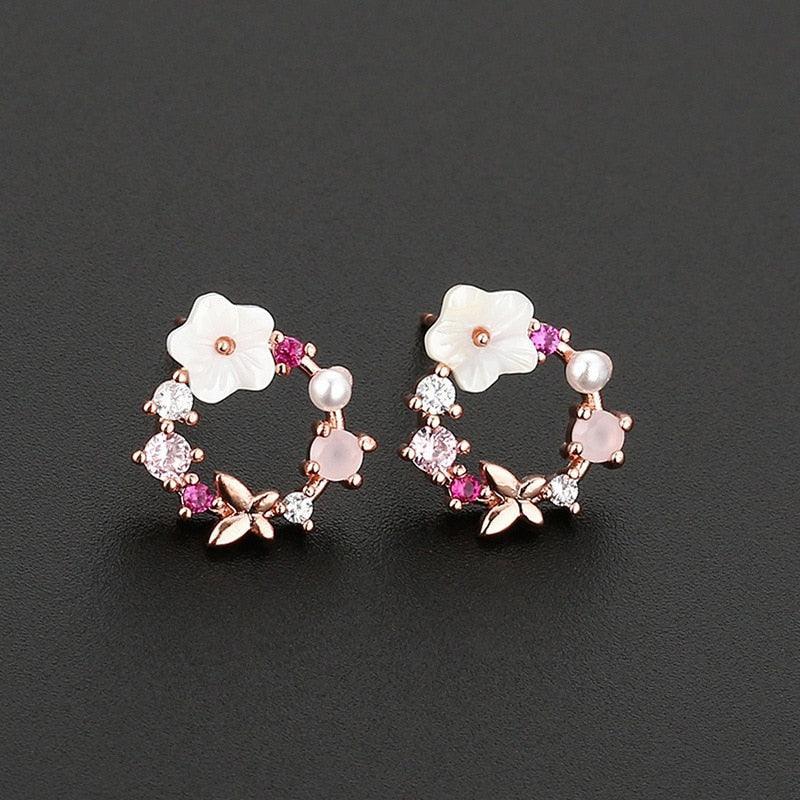 2020 New Arrival Classic Round Pink Green Crystal Stud Earrings Sweet Flower Cirlce Jewelry Fashion Brincos Gift for women - ItemBear.com