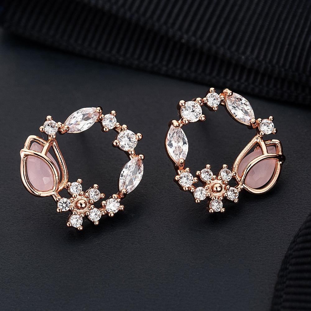 2020 New Arrival Classic Round Pink Green Crystal Stud Earrings Sweet Flower Cirlce Jewelry Fashion Brincos Gift for women - ItemBear.com