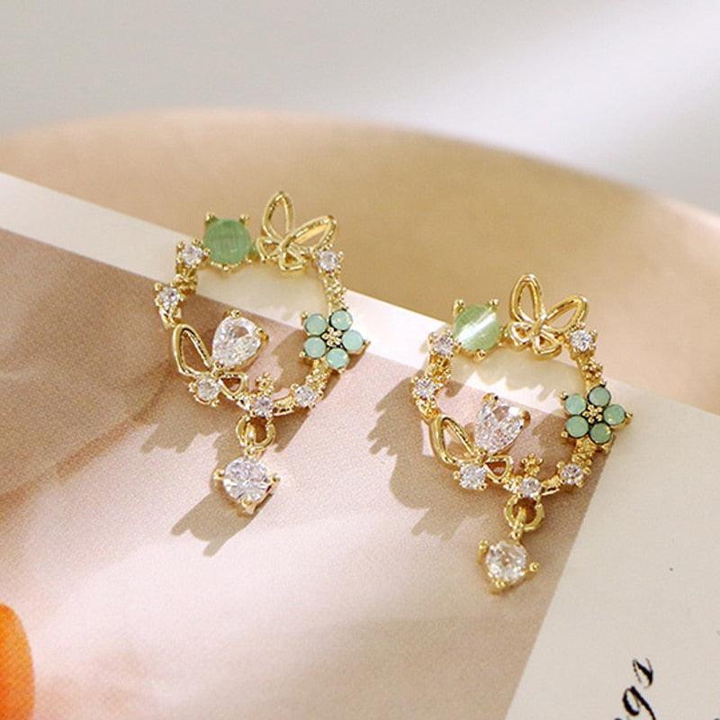 2020 New Arrival Classic Round Pink Green Crystal Stud Earrings Sweet Flower Cirlce Jewelry Fashion Brincos Gift for women - ItemBear.com