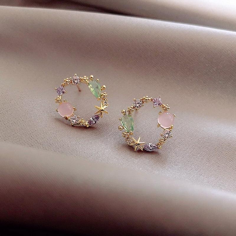 2020 New Arrival Classic Round Pink Green Crystal Stud Earrings Sweet Flower Cirlce Jewelry Fashion Brincos Gift for women - ItemBear.com