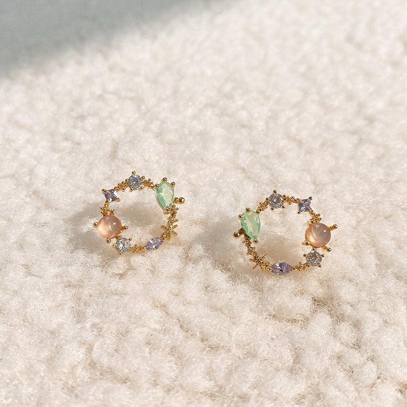 2020 New Arrival Classic Round Pink Green Crystal Stud Earrings Sweet Flower Cirlce Jewelry Fashion Brincos Gift for women - ItemBear.com