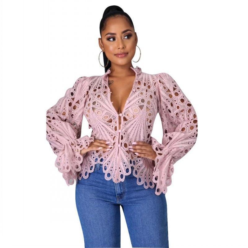 2021 New Elegant Long Sleeve Hollow Out Mesh Lace Shirt Sheer See Through Top Blouse Clothing Dashiki African Shirts For Women - ItemBear.com