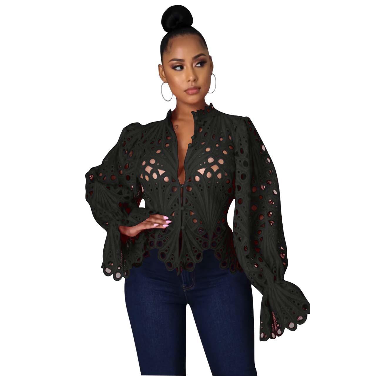 2021 New Elegant Long Sleeve Hollow Out Mesh Lace Shirt Sheer See Through Top Blouse Clothing Dashiki African Shirts For Women - ItemBear.com