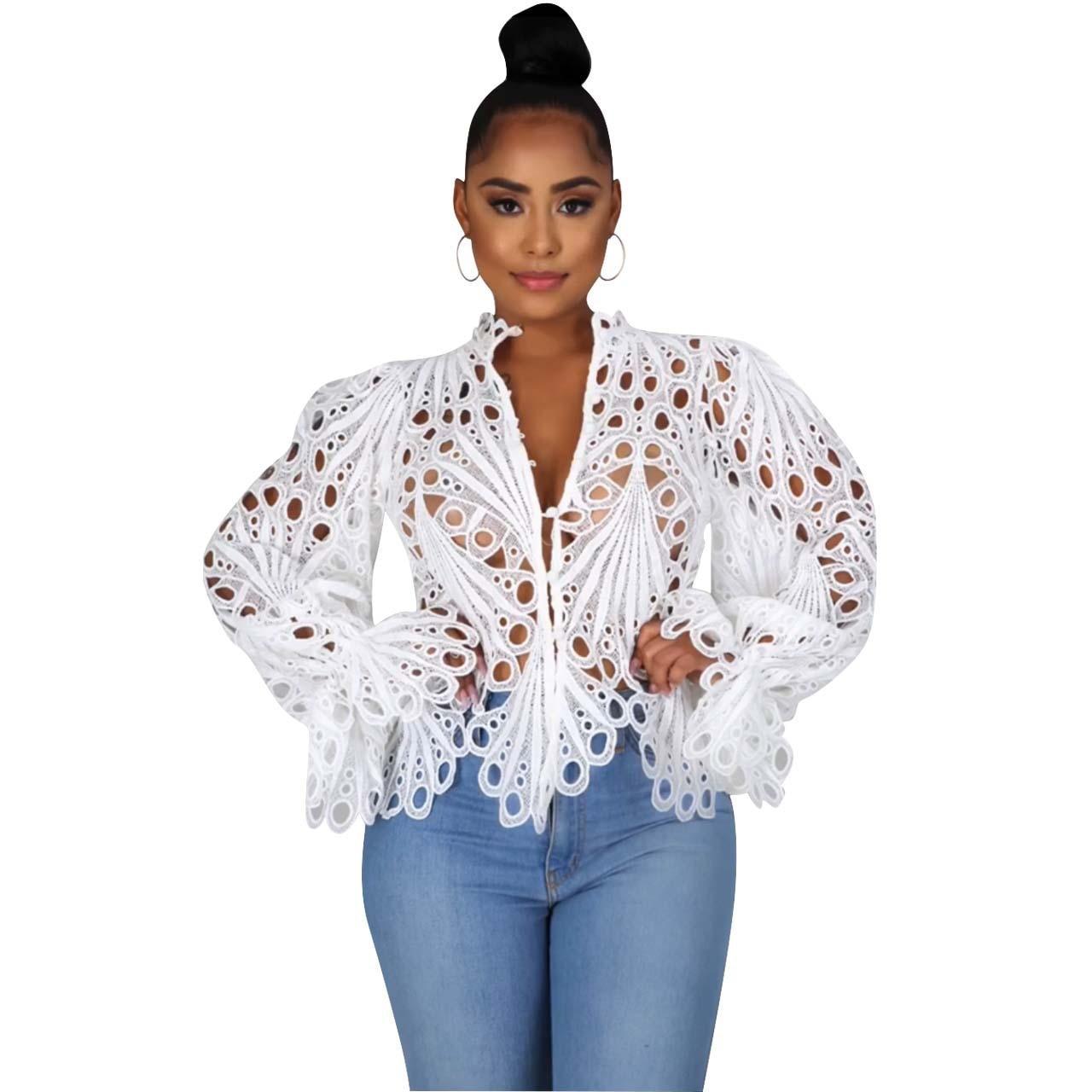 2021 New Elegant Long Sleeve Hollow Out Mesh Lace Shirt Sheer See Through Top Blouse Clothing Dashiki African Shirts For Women - ItemBear.com