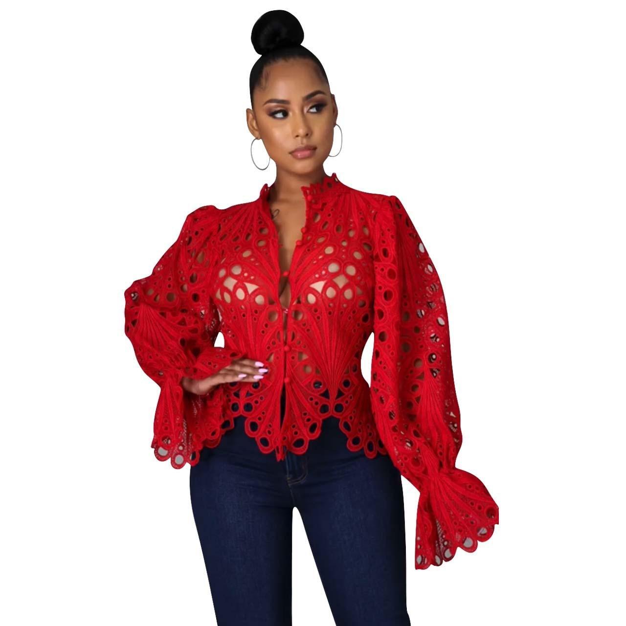 2021 New Elegant Long Sleeve Hollow Out Mesh Lace Shirt Sheer See Through Top Blouse Clothing Dashiki African Shirts For Women - ItemBear.com