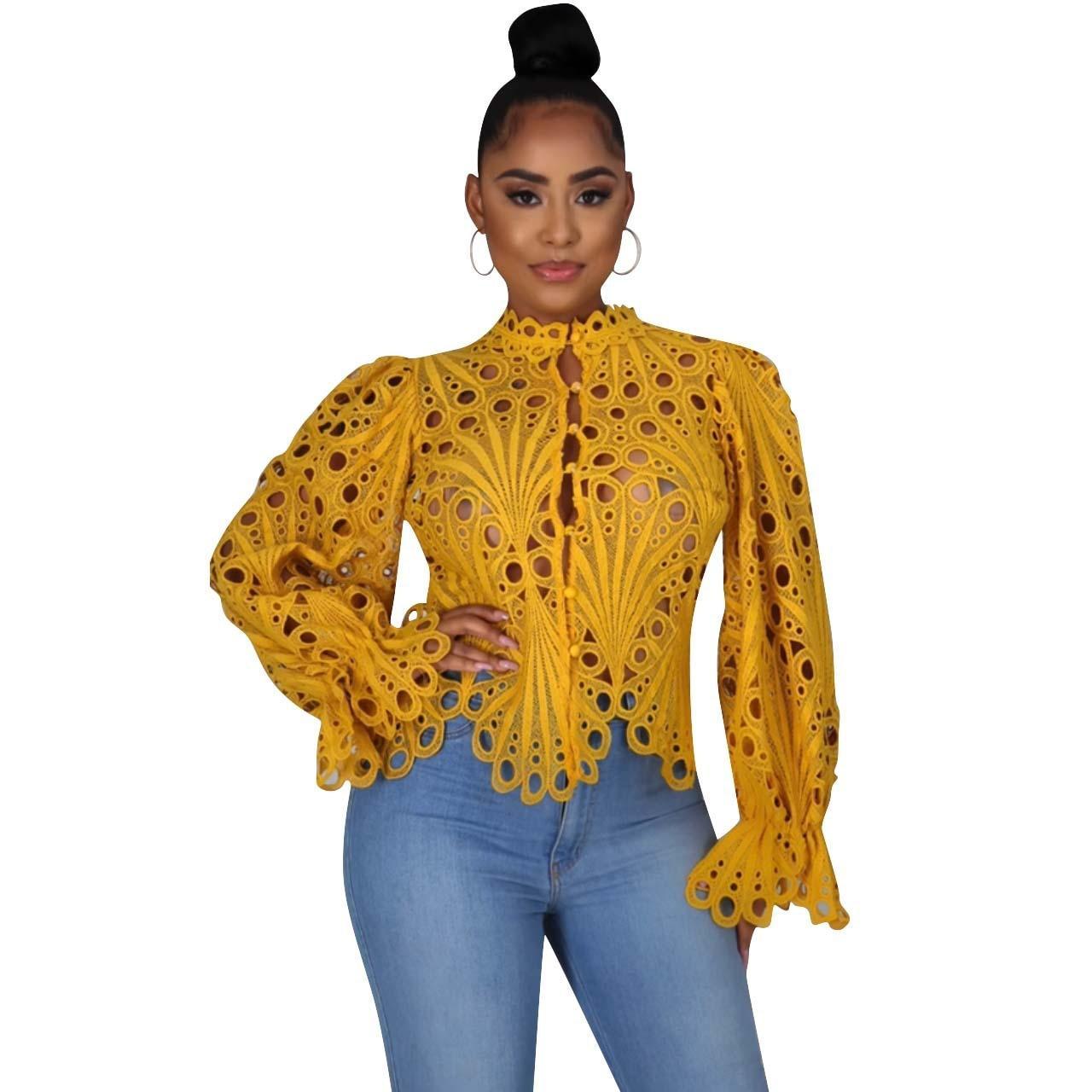 2021 New Elegant Long Sleeve Hollow Out Mesh Lace Shirt Sheer See Through Top Blouse Clothing Dashiki African Shirts For Women - ItemBear.com