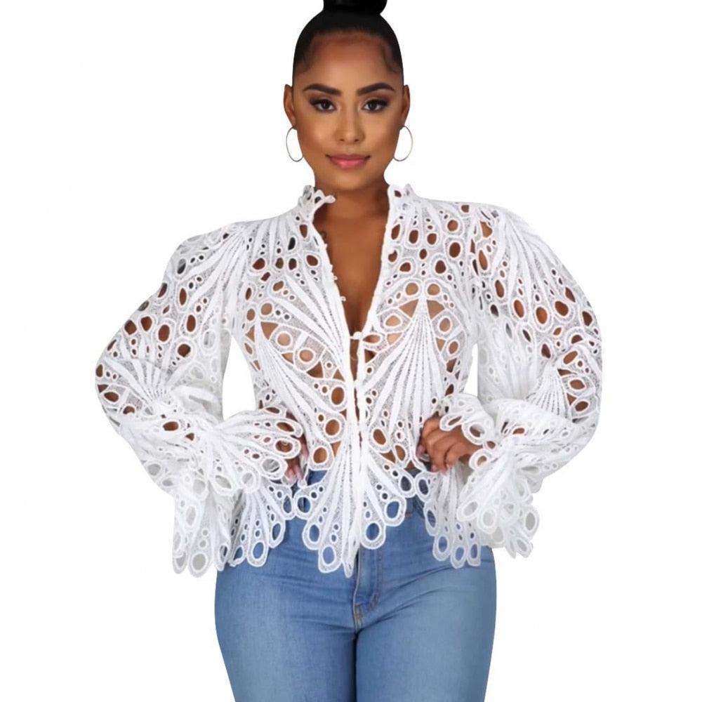 2021 New Elegant Long Sleeve Hollow Out Mesh Lace Shirt Sheer See Through Top Blouse Clothing Dashiki African Shirts For Women - ItemBear.com