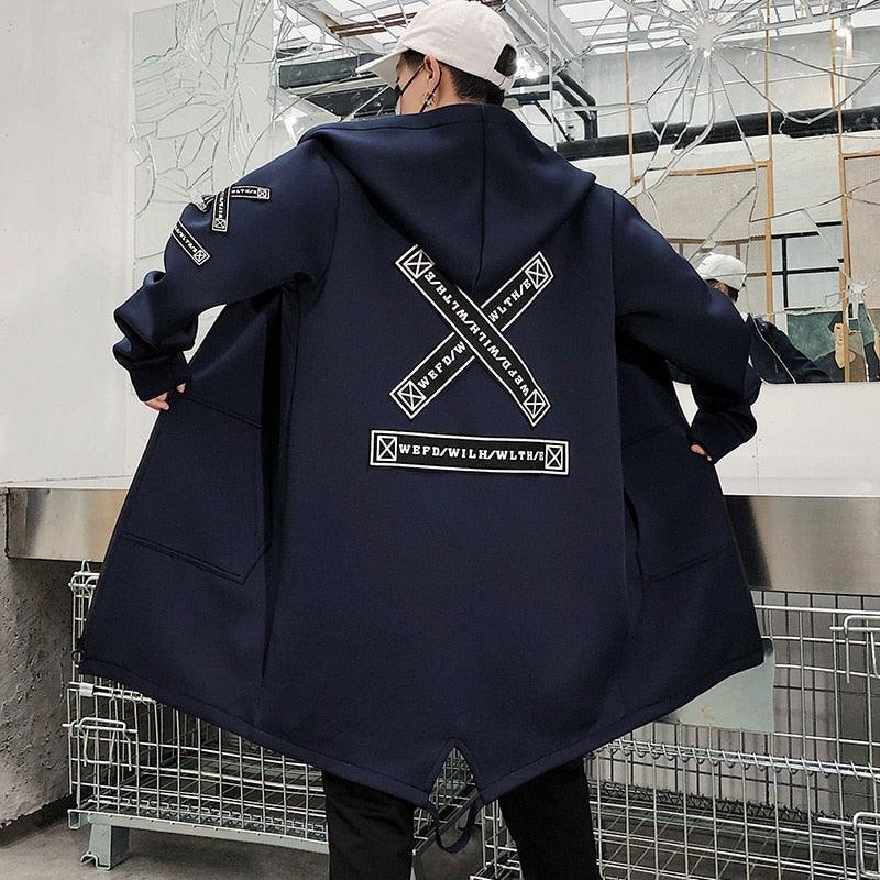 2023 Autumn Men Hooded Jackets Print Harajuku Windbreaker Ribbon Overcoat Male Casual Outwear Hip Hop Streetwear Coats LBZ155 - ItemBear.com