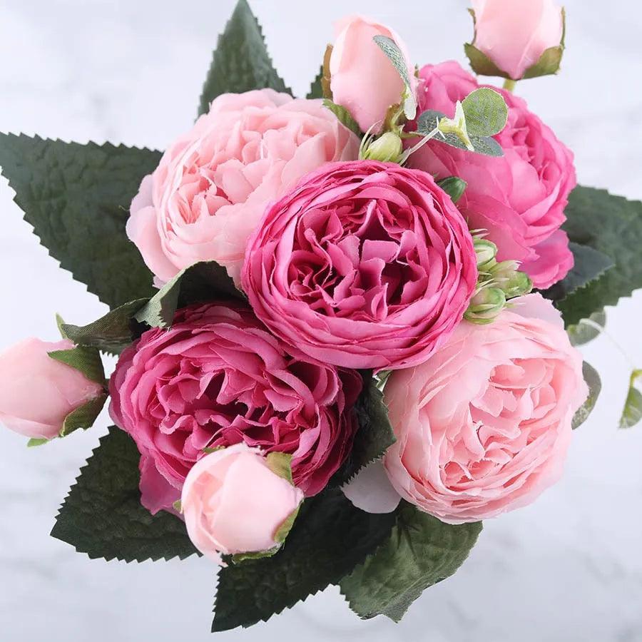 30cm Rose Pink Silk Peony Artificial Flowers Bouquet 5 Big Head and 4 Bud Cheap Fake Flowers for Home Wedding Decoration indoor - ItemBear.com