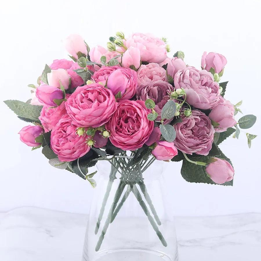 30cm Rose Pink Silk Peony Artificial Flowers Bouquet 5 Big Head and 4 Bud Cheap Fake Flowers for Home Wedding Decoration indoor - ItemBear.com