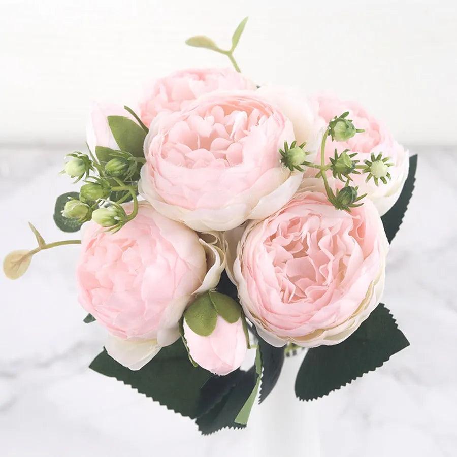 30cm Rose Pink Silk Peony Artificial Flowers Bouquet 5 Big Head and 4 Bud Cheap Fake Flowers for Home Wedding Decoration indoor - ItemBear.com