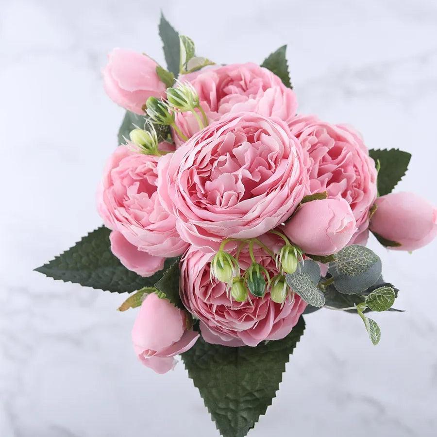 30cm Rose Pink Silk Peony Artificial Flowers Bouquet 5 Big Head and 4 Bud Cheap Fake Flowers for Home Wedding Decoration indoor - ItemBear.com