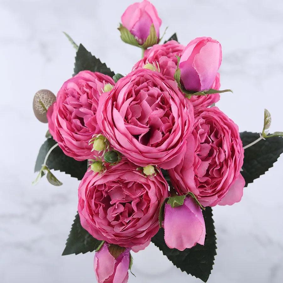 30cm Rose Pink Silk Peony Artificial Flowers Bouquet 5 Big Head and 4 Bud Cheap Fake Flowers for Home Wedding Decoration indoor - ItemBear.com