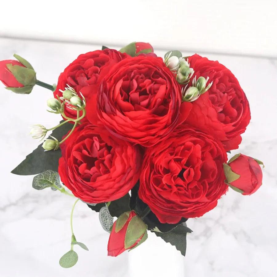 30cm Rose Pink Silk Peony Artificial Flowers Bouquet 5 Big Head and 4 Bud Cheap Fake Flowers for Home Wedding Decoration indoor - ItemBear.com