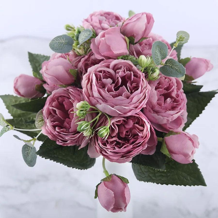 30cm Rose Pink Silk Peony Artificial Flowers Bouquet 5 Big Head and 4 Bud Cheap Fake Flowers for Home Wedding Decoration indoor - ItemBear.com