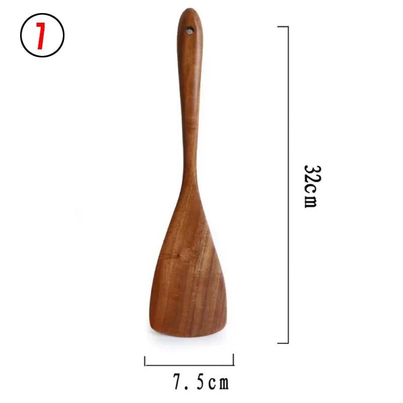 7pcs/set Teak Natural Wood Tableware Spoon Ladle Turner Rice Colander Soup Skimmer Cooking Spoon Scoop Kitchen Reusable Tool Kit - ItemBear.com