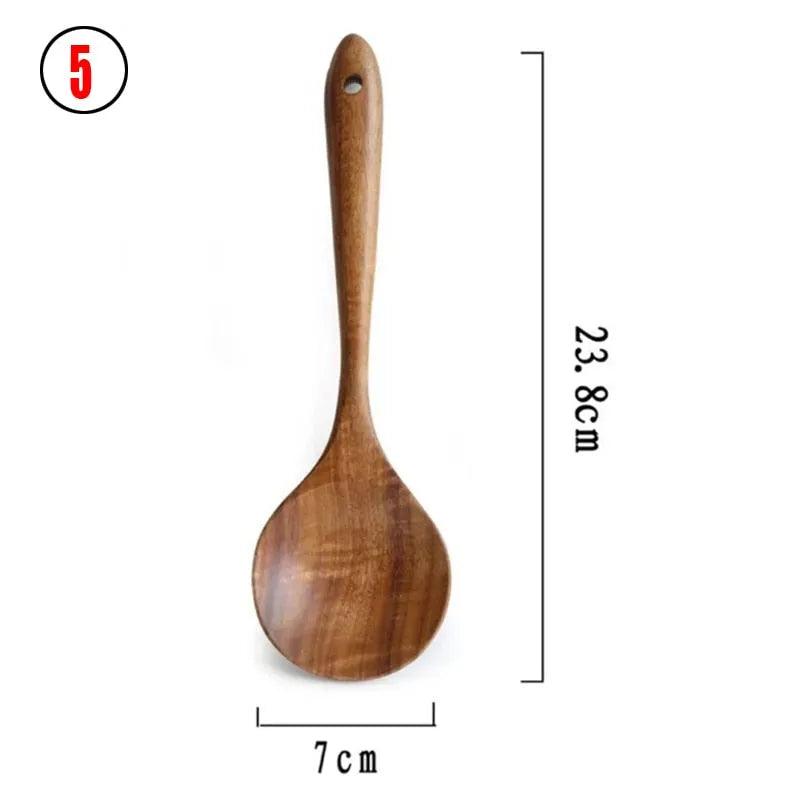 7pcs/set Teak Natural Wood Tableware Spoon Ladle Turner Rice Colander Soup Skimmer Cooking Spoon Scoop Kitchen Reusable Tool Kit - ItemBear.com