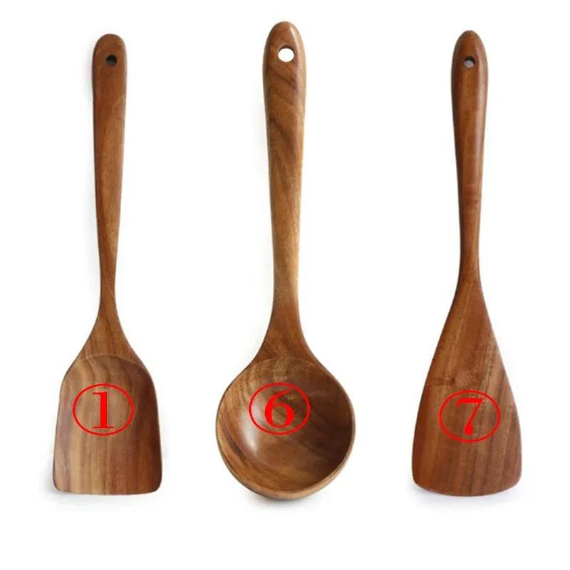 7pcs/set Teak Natural Wood Tableware Spoon Ladle Turner Rice Colander Soup Skimmer Cooking Spoon Scoop Kitchen Reusable Tool Kit - ItemBear.com