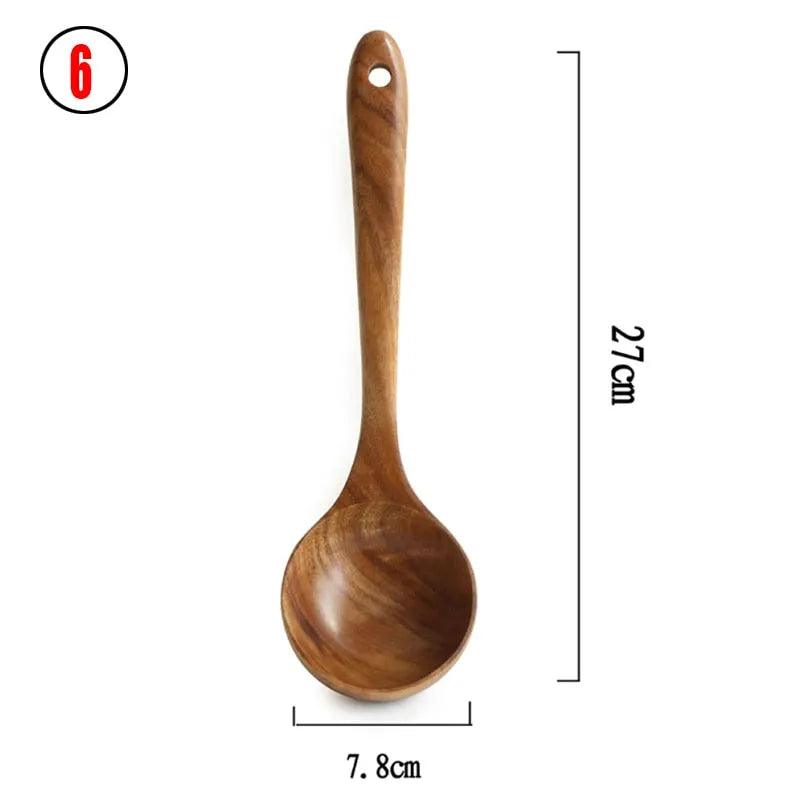 7pcs/set Teak Natural Wood Tableware Spoon Ladle Turner Rice Colander Soup Skimmer Cooking Spoon Scoop Kitchen Reusable Tool Kit - ItemBear.com