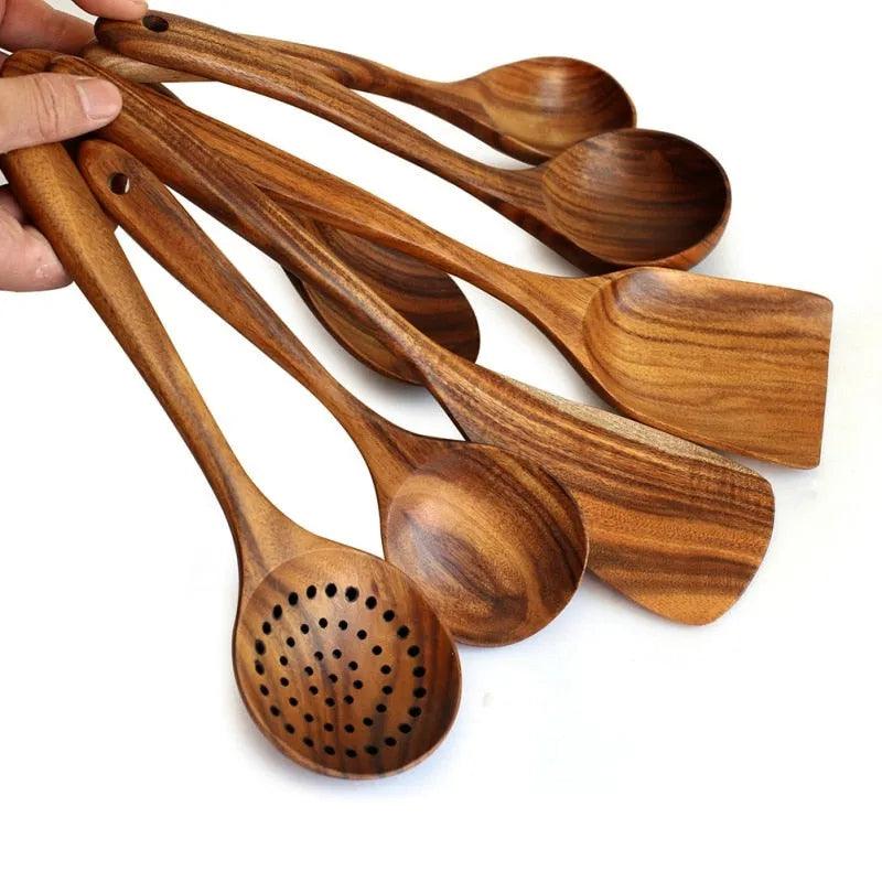 7pcs/set Teak Natural Wood Tableware Spoon Ladle Turner Rice Colander Soup Skimmer Cooking Spoon Scoop Kitchen Reusable Tool Kit - ItemBear.com