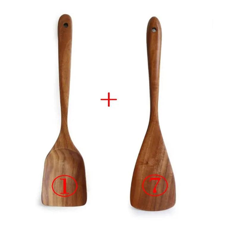 7pcs/set Teak Natural Wood Tableware Spoon Ladle Turner Rice Colander Soup Skimmer Cooking Spoon Scoop Kitchen Reusable Tool Kit - ItemBear.com