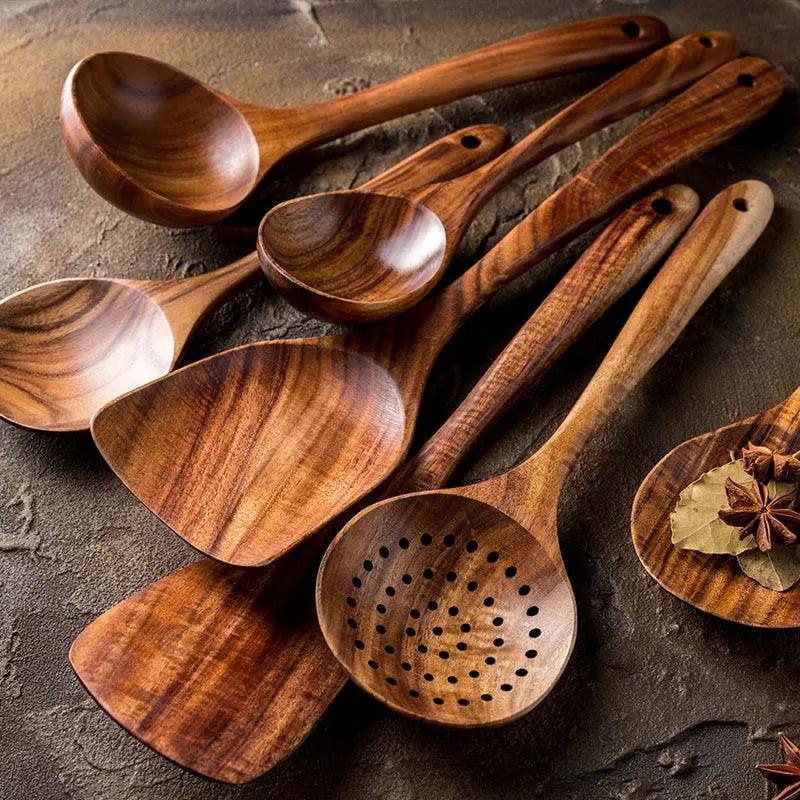 7pcs/set Teak Natural Wood Tableware Spoon Ladle Turner Rice Colander Soup Skimmer Cooking Spoon Scoop Kitchen Reusable Tool Kit - ItemBear.com