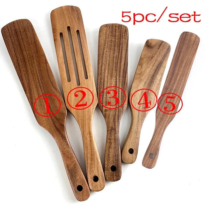 7pcs/set Teak Natural Wood Tableware Spoon Ladle Turner Rice Colander Soup Skimmer Cooking Spoon Scoop Kitchen Reusable Tool Kit - ItemBear.com