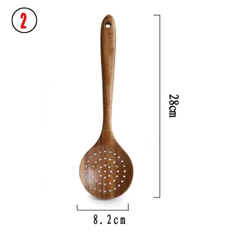 7pcs/set Teak Natural Wood Tableware Spoon Ladle Turner Rice Colander Soup Skimmer Cooking Spoon Scoop Kitchen Reusable Tool Kit - ItemBear.com