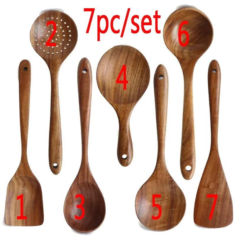 7pcs/set Teak Natural Wood Tableware Spoon Ladle Turner Rice Colander Soup Skimmer Cooking Spoon Scoop Kitchen Reusable Tool Kit - ItemBear.com