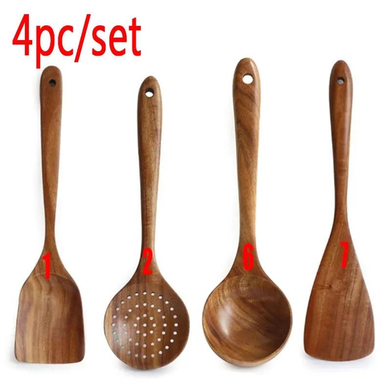 7pcs/set Teak Natural Wood Tableware Spoon Ladle Turner Rice Colander Soup Skimmer Cooking Spoon Scoop Kitchen Reusable Tool Kit - ItemBear.com