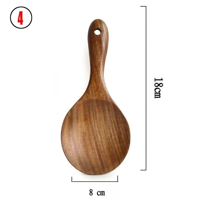 7pcs/set Teak Natural Wood Tableware Spoon Ladle Turner Rice Colander Soup Skimmer Cooking Spoon Scoop Kitchen Reusable Tool Kit - ItemBear.com