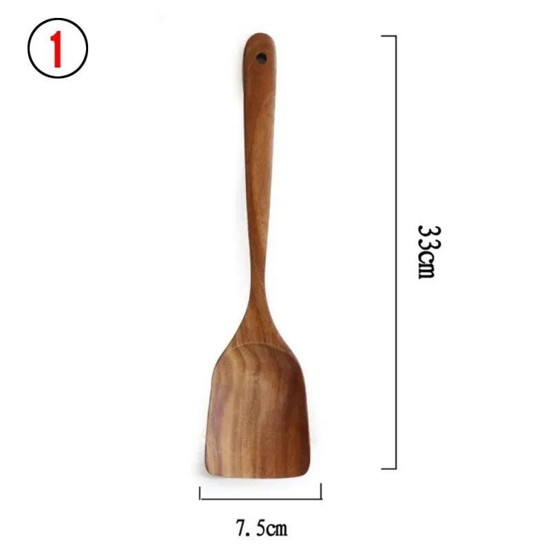 7pcs/set Teak Natural Wood Tableware Spoon Ladle Turner Rice Colander Soup Skimmer Cooking Spoon Scoop Kitchen Reusable Tool Kit - ItemBear.com