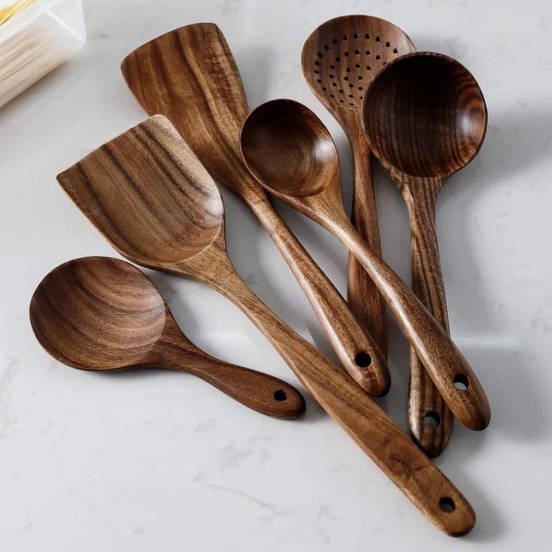 7pcs/set Teak Natural Wood Tableware Spoon Ladle Turner Rice Colander Soup Skimmer Cooking Spoon Scoop Kitchen Reusable Tool Kit - ItemBear.com