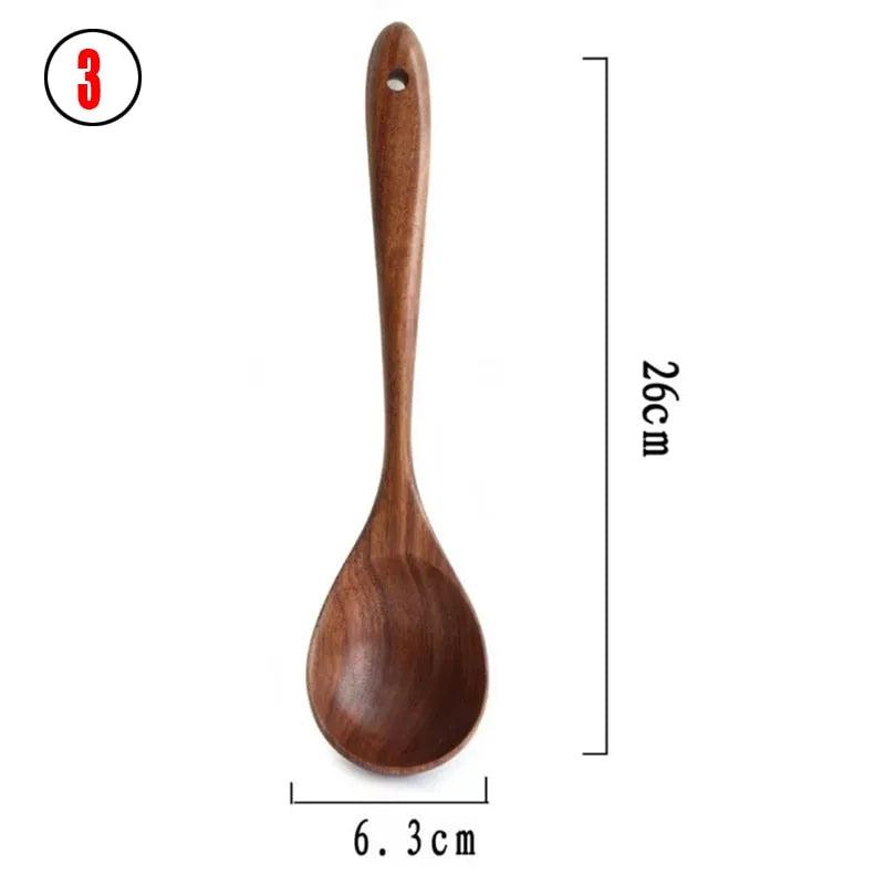 7pcs/set Teak Natural Wood Tableware Spoon Ladle Turner Rice Colander Soup Skimmer Cooking Spoon Scoop Kitchen Reusable Tool Kit - ItemBear.com