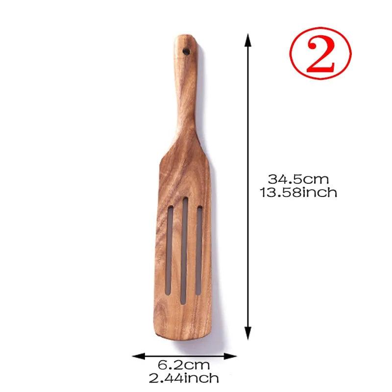 7pcs/set Teak Natural Wood Tableware Spoon Ladle Turner Rice Colander Soup Skimmer Cooking Spoon Scoop Kitchen Reusable Tool Kit - ItemBear.com