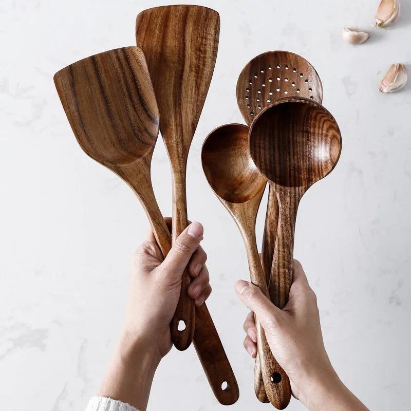 7pcs/set Teak Natural Wood Tableware Spoon Ladle Turner Rice Colander Soup Skimmer Cooking Spoon Scoop Kitchen Reusable Tool Kit - ItemBear.com