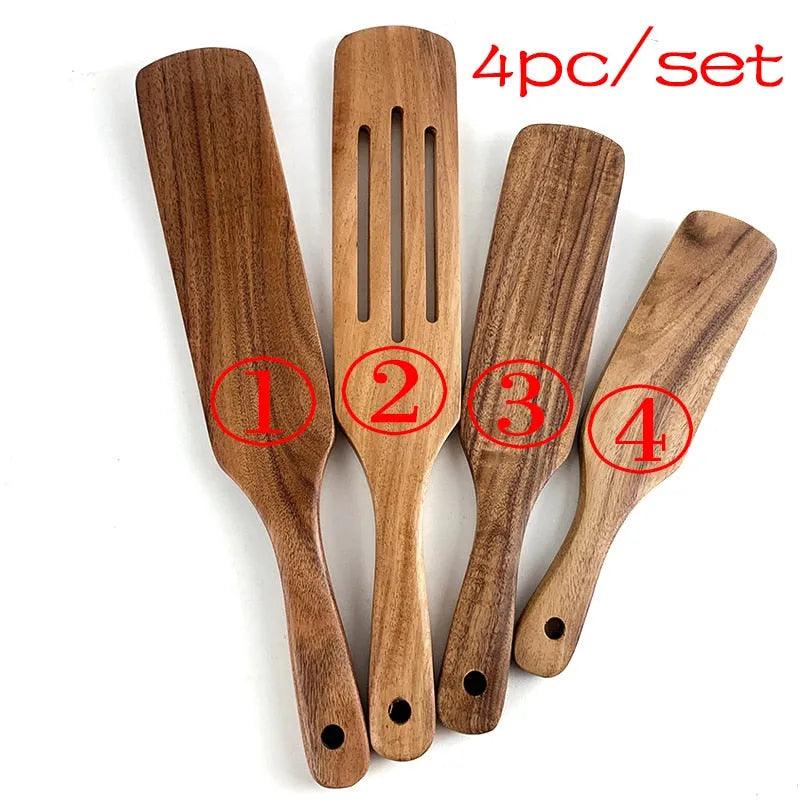 7pcs/set Teak Natural Wood Tableware Spoon Ladle Turner Rice Colander Soup Skimmer Cooking Spoon Scoop Kitchen Reusable Tool Kit - ItemBear.com