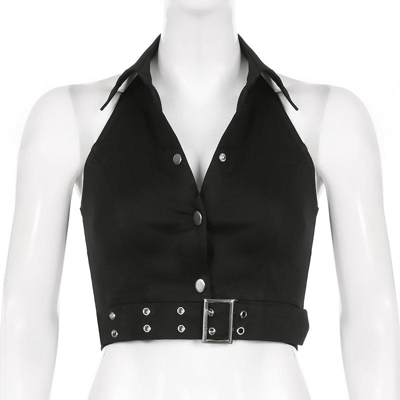 90s Black Button - Up Belt Decor Vest - ItemBear.com