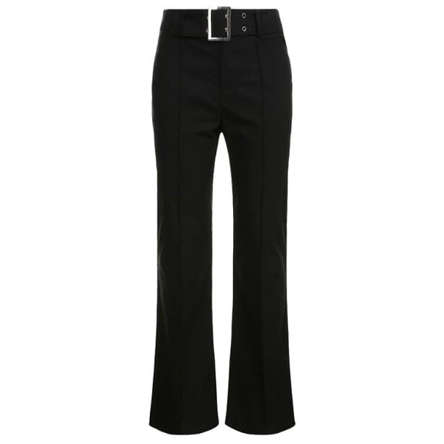 90s Black Skinny Belted Low Waisted Flared Out Pants - ItemBear.com