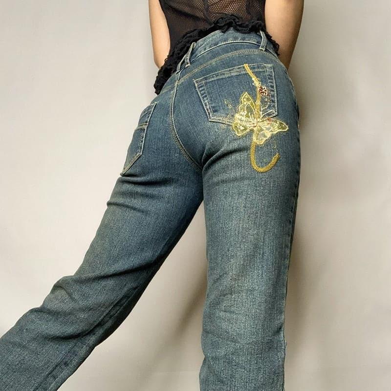 90s Vintage Butterfly Printed Denim Jeans - ItemBear.com