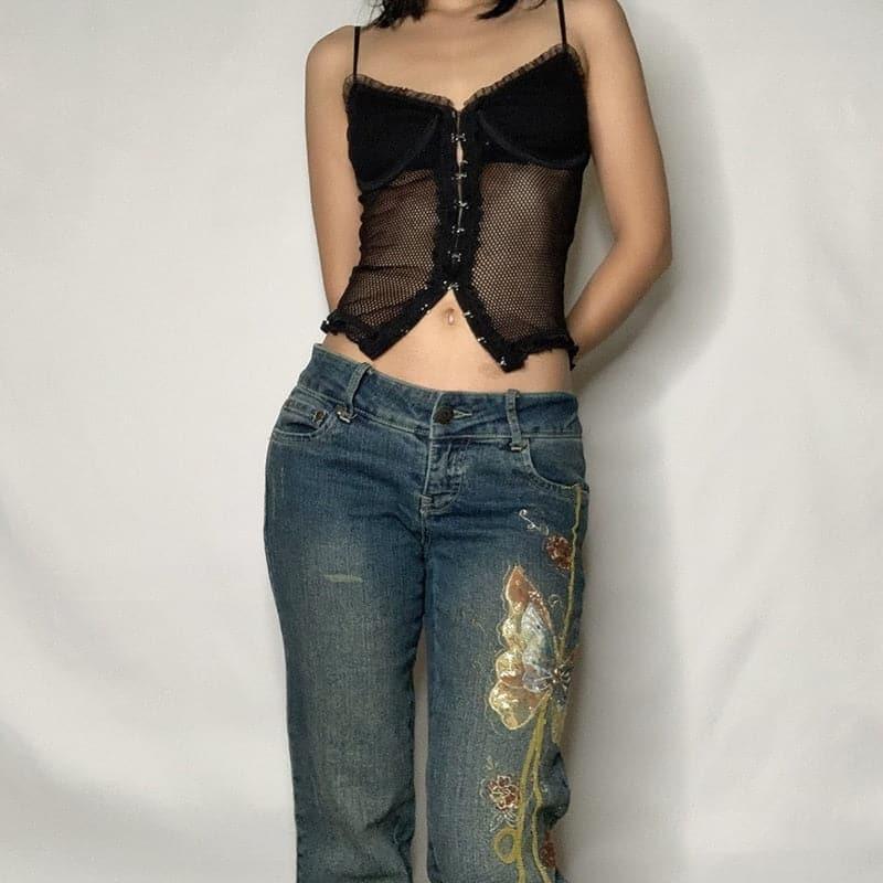 90s Vintage Butterfly Printed Denim Jeans - ItemBear.com