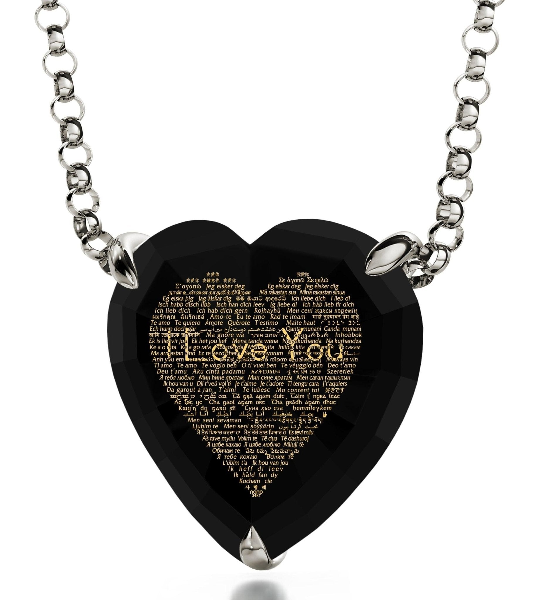 925 Sterling Silver Heart Necklace 24k Gold Inscribed I Love You in 120 Languages - ItemBear.com