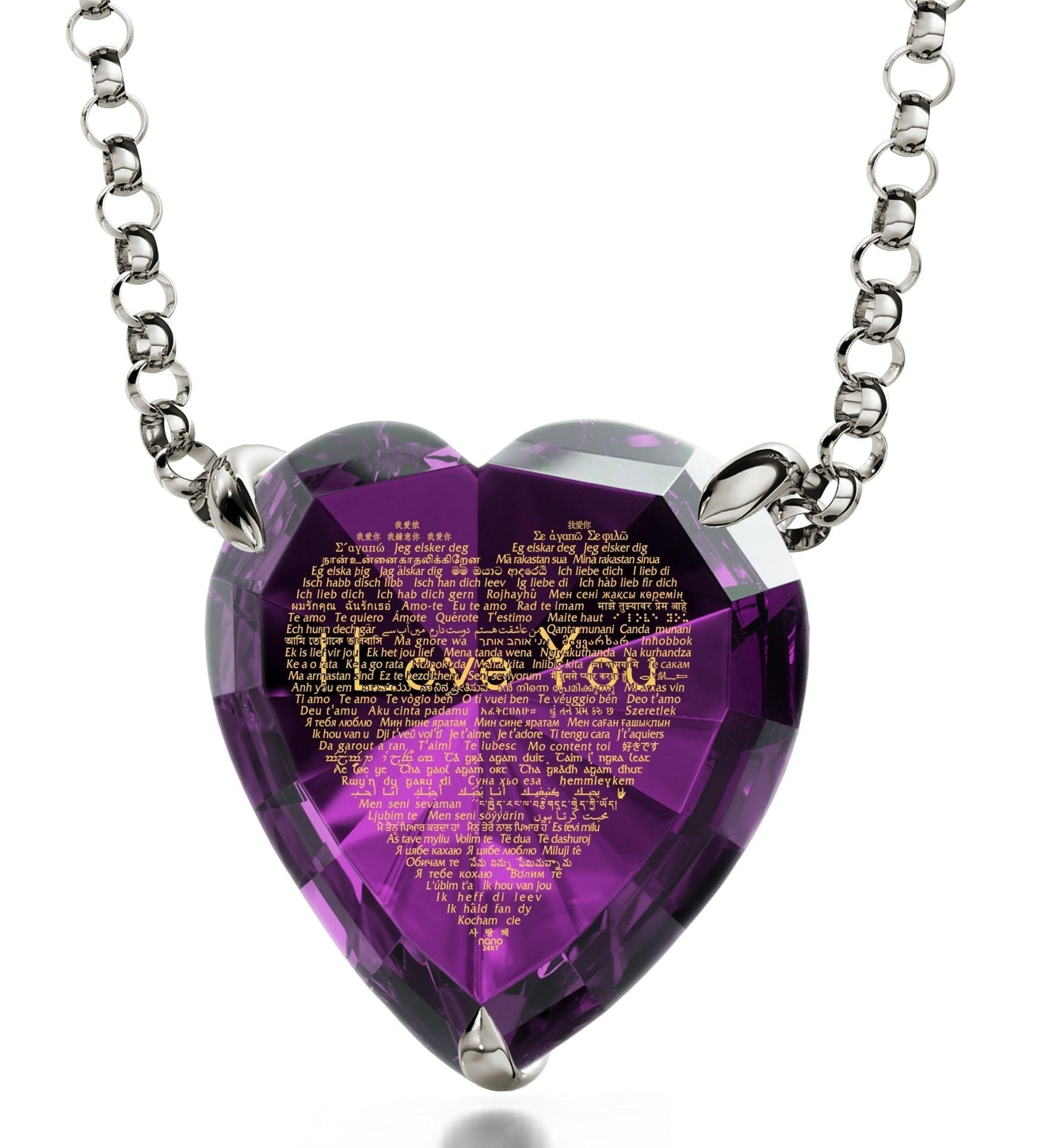 925 Sterling Silver Heart Necklace 24k Gold Inscribed I Love You in 120 Languages - ItemBear.com