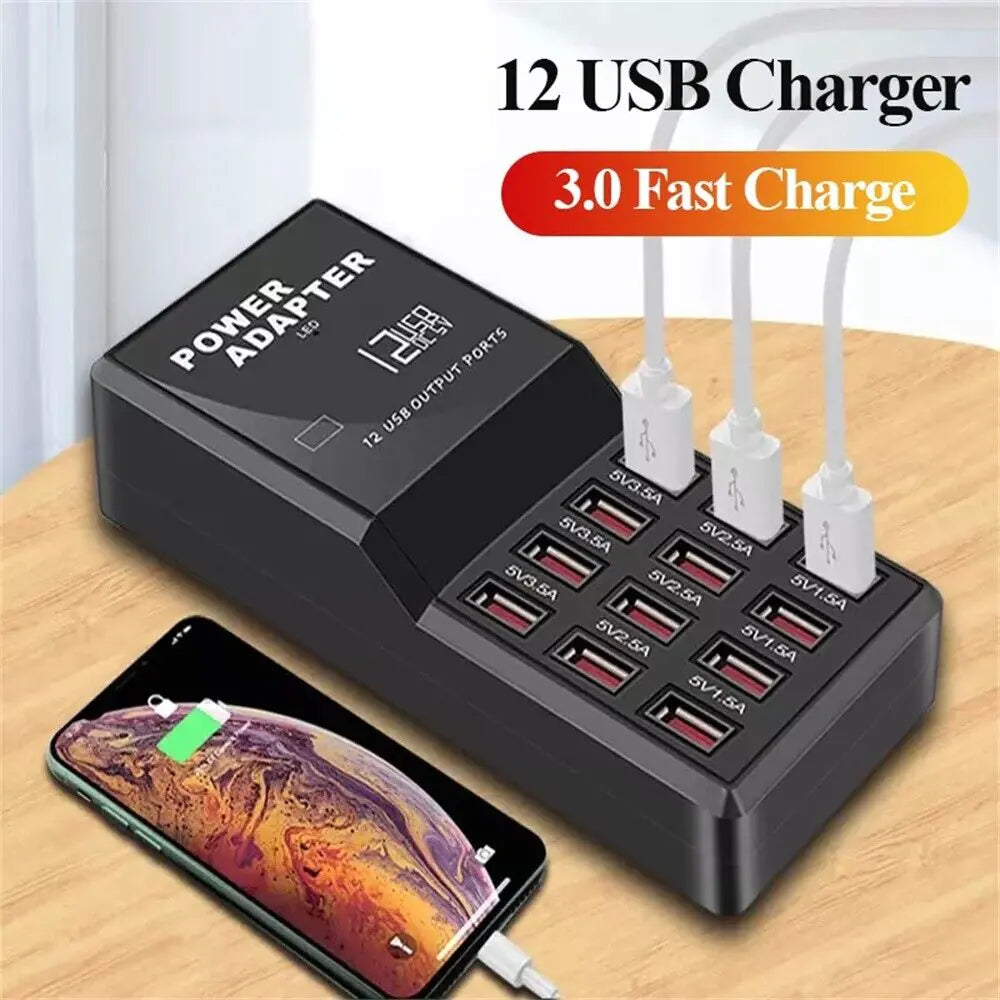 Multi 12 Port USB Charging Station Hub Desktop Wall Cell Phone Charger Organizer