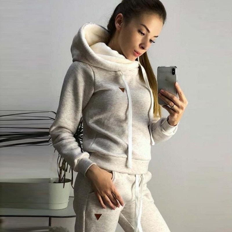 Autumn Winter 2 Piece Set Tracksuit Women Sportwear Fleece Hoodies Pullover Sweatshirts Baggy Trousers Jogger Pants Warm Outfits - ItemBear.com