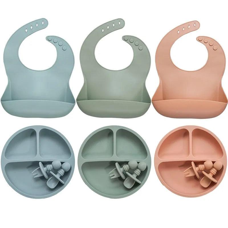 Baby Silicone Tableware Set Infant Solid Color Waterproof Bib Newborn Feeding Burp Cloth Toddler Dinner Plate And Mini Spoon - ItemBear.com